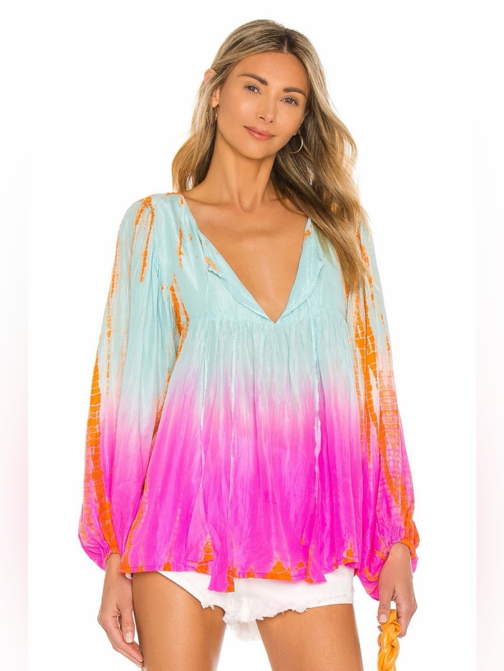 John Mark Light Blue to Pink Ombre Peasant Tunic with Tassels Accents Boho